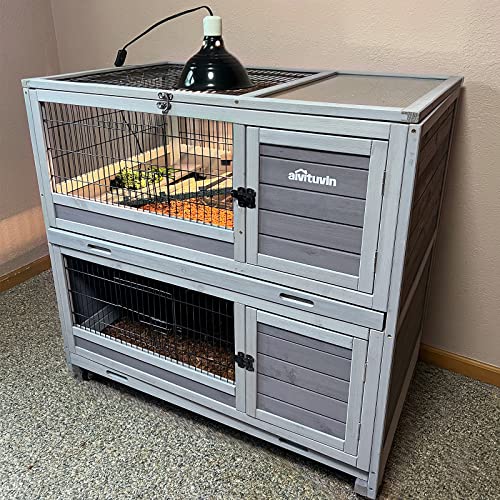 Rabbit Hutch Indoor Outdoor Bunny Hutch Pull Out Tray Guinea Pig Cage with Bottom Wire (Gery)