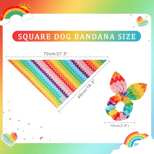 Rainbow Dog Bandanas & Matching Scrunchie Set Girl Cute Pride Dog Scarf Bibs Pet Bandana with Bow Tie for Medium Large Dogs Owner Mom Summer (rainbow-02 / Large-set of 1)
