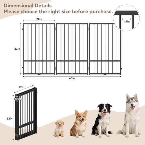 Full Metal Freestanding Dog Gate with Door (【3 Panels】60"W*32H" / Black)