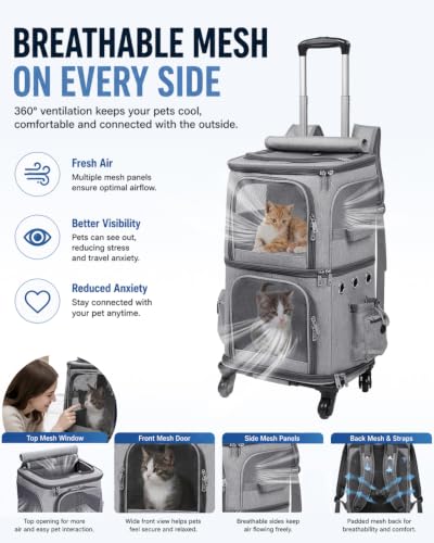 Double Compartment Cat Backpack Carrier with Wheels for 2 Pets (16.0"L x 11.8"W x 23.6"H / Grey)