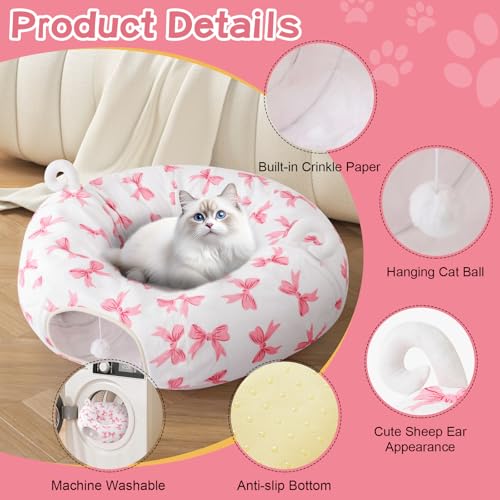 Cat Tunnel with Cat Bed for Indoor Cats (Pink)