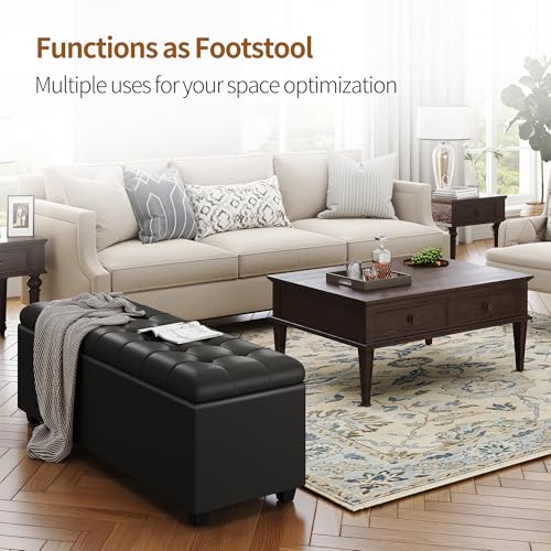 Black 38" Faux Leather Storage Ottoman Bench with Hinged Lid and Footrest (Black)