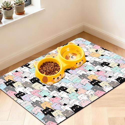 Pet Feeding Mat for Floors Waterproof Dog Mat for Food and Water Absorbent Quick Dry Non Slip mat for Cat Bowls (32"L x 24"W / ColorfulCat)
