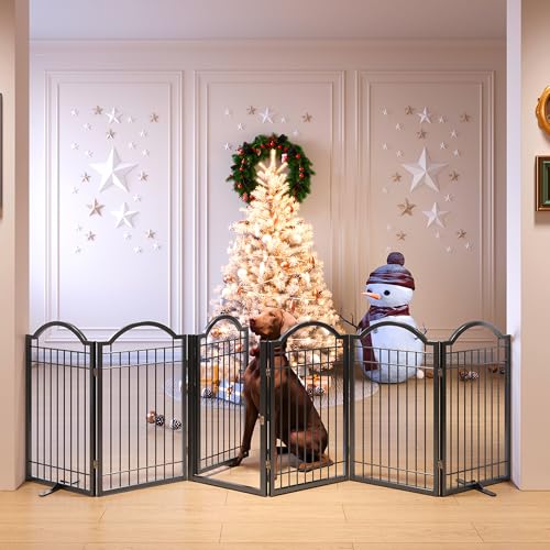 Metal No Assembly Freestanding Dog Gate with Door Walk Through (Black / 6 Panels-S)