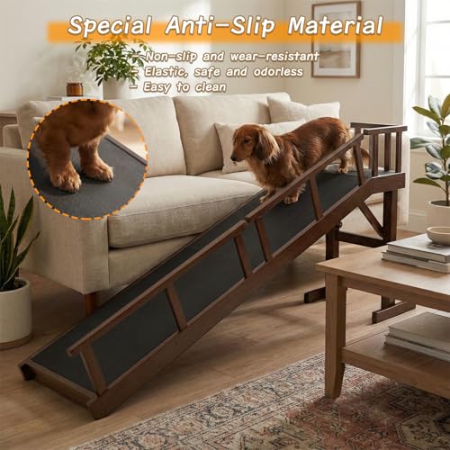 73" Dog Ramp for Bed with Rest Platform & Glow Strips (Brown / 73.2"L x 25"H x 15.7"W)