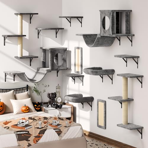 12-in-1 Cat Wall Shelves, Luxury Wall-Mounted Cat Shelves, Dark Gray (Dark Gray / Set of 12)