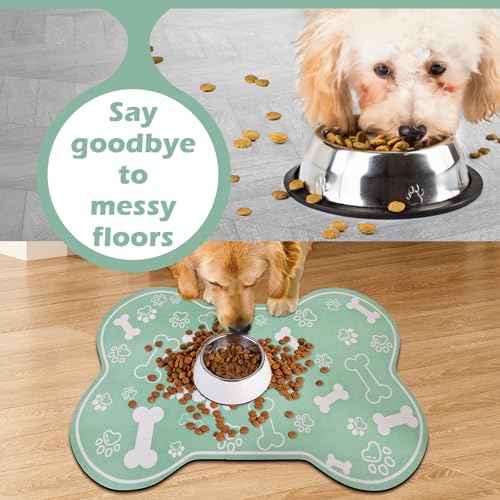 Dog Cat Mat for Food and Water (18"L x 12"W / Bone Shaped Green)