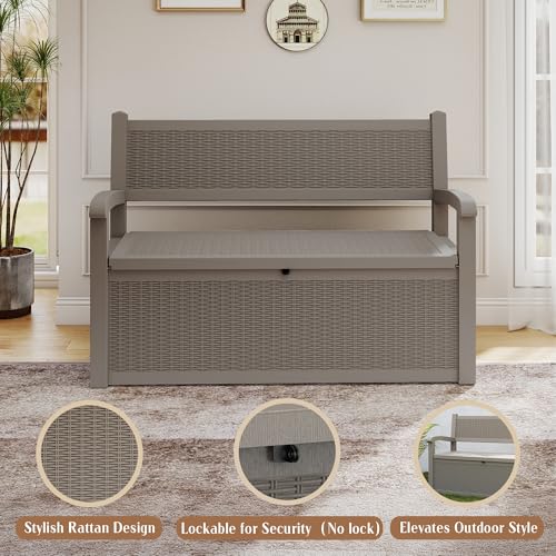 80 Gallon Outdoor Storage Bench Lockable Deck Box Outdoor Storage Box Waterproof for Patio (Grey Pattern / 80 Gallon)