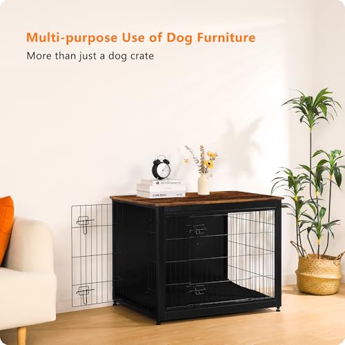 38.5" XL Dog Crate Furniture with Cushion (Black+Rustic Brown / 38.5"L x 25.6"W x 26.8"H)