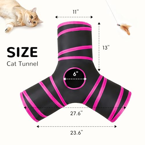 Cat Tunnel, 3-Way Collapsible Toy for Indoor Cats, Black & Red (Black & Rose Red / Small)
