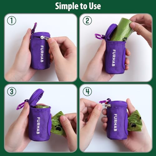 Dog Poop Bag Holder for Leash with Carabiner Clip Soft Fabric (Purple)