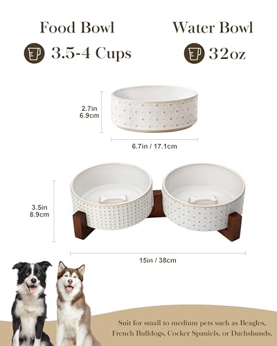 Dog Bowl Set Ceramic Bowls with Walnut Wood Stand (Rhombic+Polka Dots / 4 Cups)