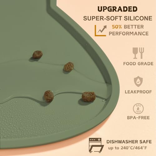 Cat Food Mat Silicone Non Slip Dog Bowl Mat Waterproof Cat Feeding Mat Stop Food Spills and Water Messes Out to Floor Pet Food Mat (Olive Green / 17" x 10")