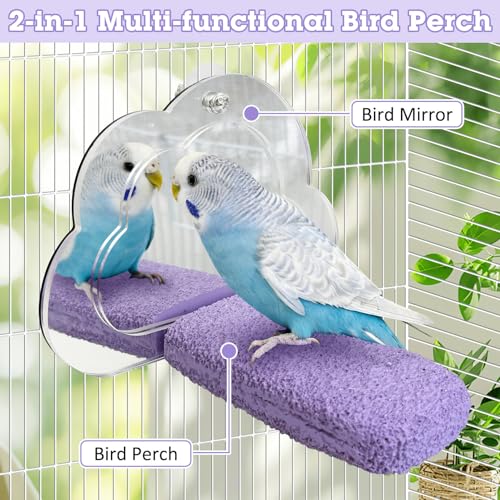 2 PCS Bird Mirror with Perch Resin Parakeet Perches Hanging Parrot Toys Interactive Bird Cage Accessories for Cockatiel Conure Lovebird Finch