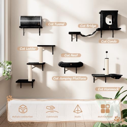 14-in-1 Cat Wall Shelves, Wall-Mounted Cat Climber Set, Black (Black)
