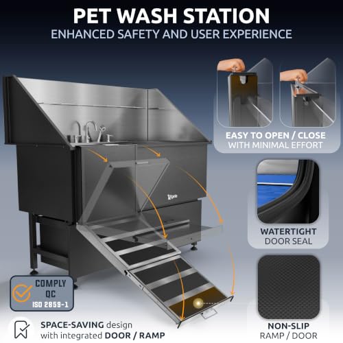 Professional Dog Washing Station 304 Stainless Steel Pet Wash Sink (Black, Left Ramp, 2 Drawer / 61 Inches)