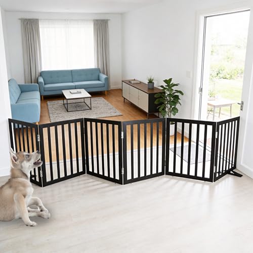 Freestanding Indoor Dog Gate for House Foldable Wood Puppy Gate for Doorways Pet Gate for Stairs Extra Wide Pet Fence (Black / 【6 Panels】120''w x 24''h)