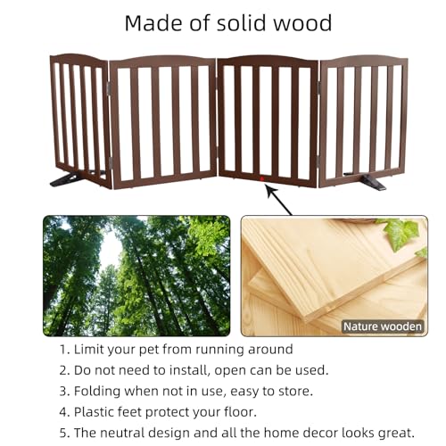 Foldable Freestanding Indoor Dog Gate for House Wood Long Pet Gates Dog Fence for Stairs Puppy Gates for Hallways (Brown / 【4 Panels】80''w X 24''h)