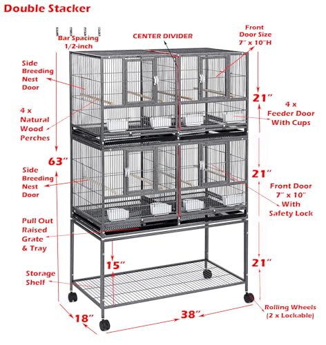 Double Stackable Sturdy Wrought Iron Center Divided Side Nesting Box Doors Breeder Breeding Bird Flight Double Rolling Cage for Aviaries Canaries Cockatiels Lovebirds Finches Budgies Small Parrots (Black Vein)