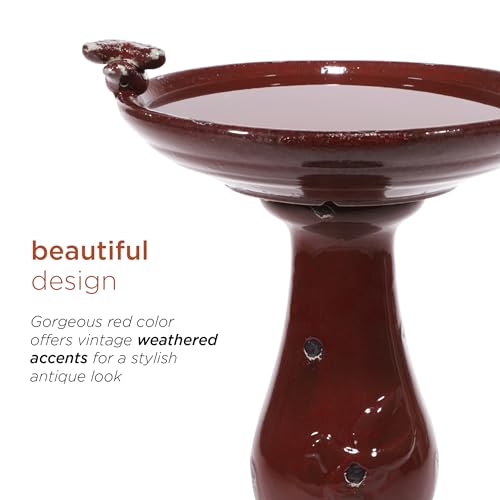 25" Tall Outdoor Antique Ceramic Birdbath with 2 Bird Figurines (Red)