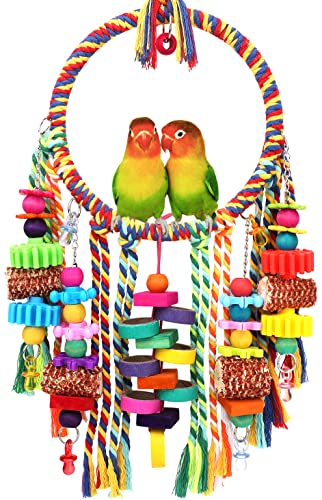Bird Toys Bird Rope Ring Swing Perch with Corn Cob Cardboard Bagels Wooden Blocks Chewing Toys for Parakeets