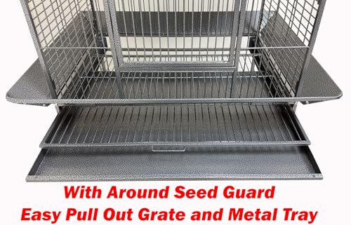 Extra Large Elegant and Durable Wrought Iron Climbing Ladder Perch Stand Play Top Ground Bird Parrot Metal Cage Around Seed Guard Storage Shelf with Heavy Duty Lockable Rolling Wheels (32" x 23" x 69"H / Black Vein)