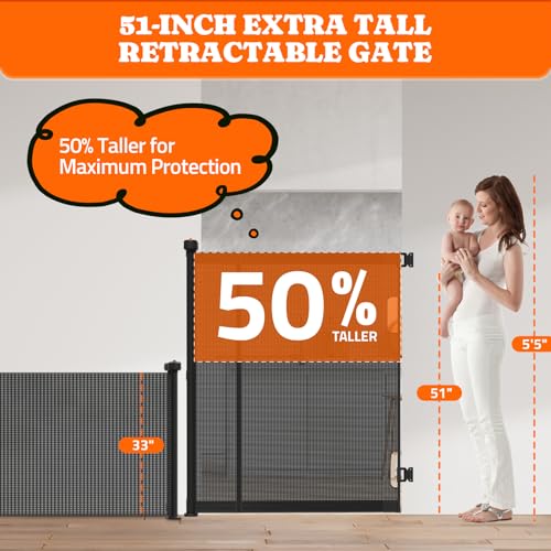 Extra Tall Retractable Baby Gates (Black / 51" Tall x 200" Wide)
