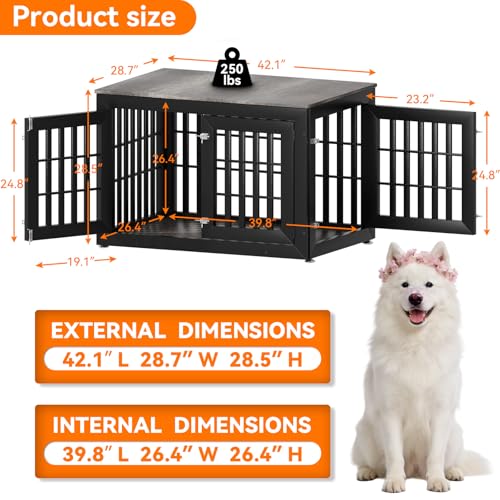 42" Heavy Duty Dog Crate Furniture for Large (42.1"L x 28.7"W x 28.5"H / Black+Grey)