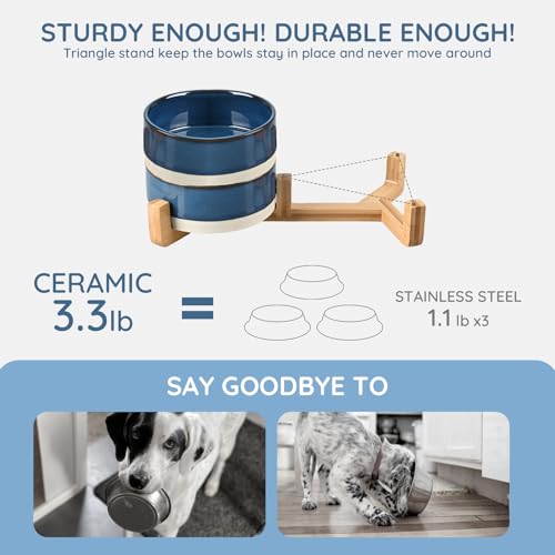 Ceramic Dog and Cat Bowl Set with Wooden Stand (1.7 cups / Pattern Blue × 2)