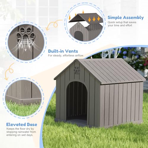 Dog House Outdoor Indoor for Small Medium Dogs (Grey / 26.18" L × 24.02" W × 25.98" H)