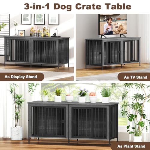63" Dog Crate Furniture for 1 or 2 Dogs (Dark Grey / 63.0" x 23.6" x 27.9")