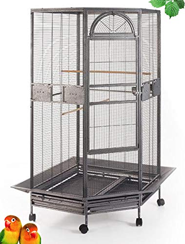 64" Extra Large Corner Bird Flight Breeding Wrought Iron Rolling Parrot Cage Side Solid Metal Plate Feed Doors Pull Out Removable Grate and Tray with Around Metal Seed Guard (30" x 30" x 63.5"H / Black Vein)