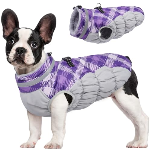Dog Cold Weather Coats Reflective Dog Warm Jacket with Harness (Purple Plaid / S(chest:17in))