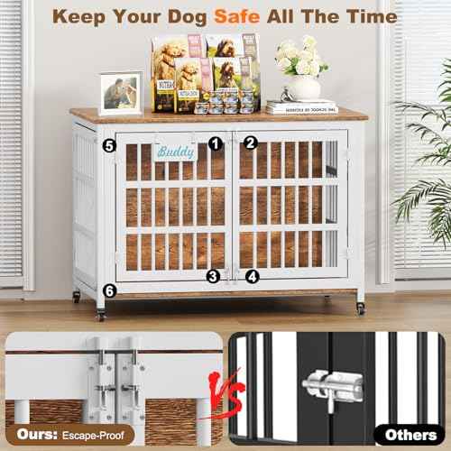 46"/43"/32" XXL Heavy Duty Dog Crate Furniture with Casters (46.1"L x 28.7"W x 31.9"H / White & Beech)