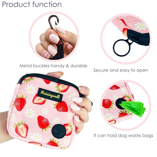 Dog Treat Pouch for Pet Walking and Training with Clicker Poop Bags Small Fanny Zipper Pack Holder for Puppy Snack Dispenser Kit for Leash and Outdoor Use (One Bag / b1.Strawberry)