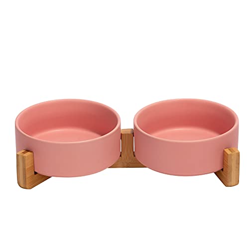 Ceramic Dog and Cat Bowl with Wood Stand Non (1.7 cups / Pink × 2)