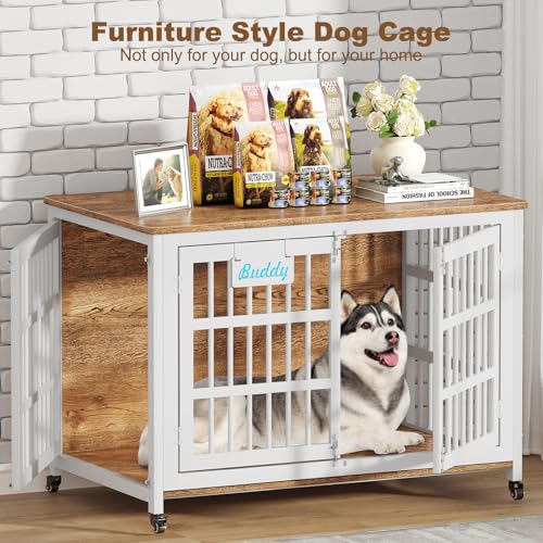 46"/43"/32" XXL Heavy Duty Dog Crate Furniture with Casters (46.1"L x 28.7"W x 31.9"H / White & Beech)