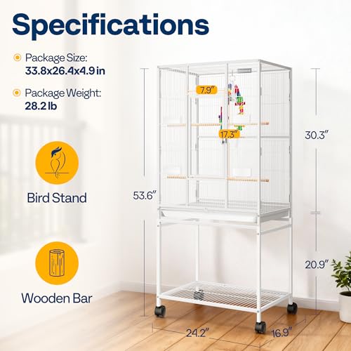 54 Inch Wrought Iron Large Bird Cage with Rolling Stand (White)