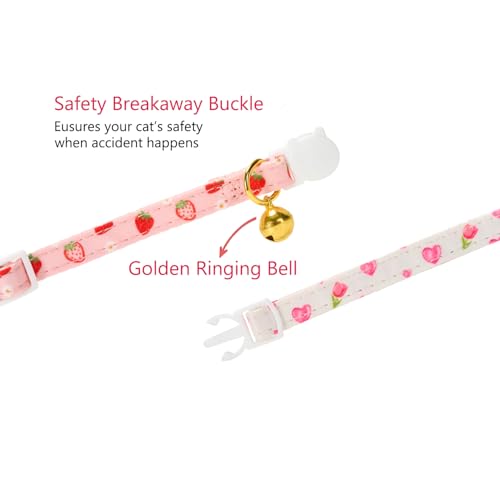 2 Pack Floral Cat Collars with Bow Tie and Bell Adjustable Breakaway Bowtie Cute Kitten Collar (S:Neck 7.0" - 11.0" / White Heart+Pink Strawberry)