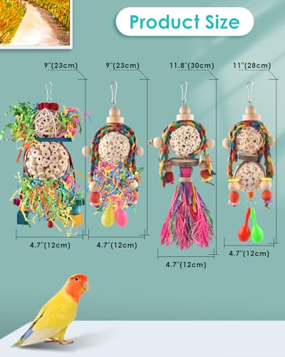 Conure Toys 4 PCS Bird Parrot Foraging Shredder Hanging Toys Sola Balls with Sand Hammer for Small Parrots Parakeets Conures Cockatiels Love Birds Cage Toy (4 PCS)