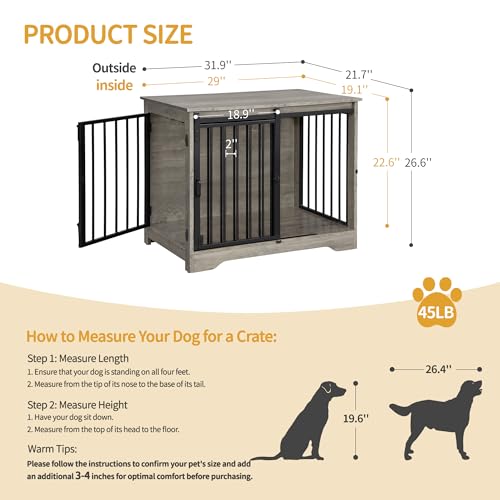 31.9" M Dog Crate Furniture Indoor Dog Kennel with Barn Door (Greige / 31.9"L x 21.7"W x 26.6"H)