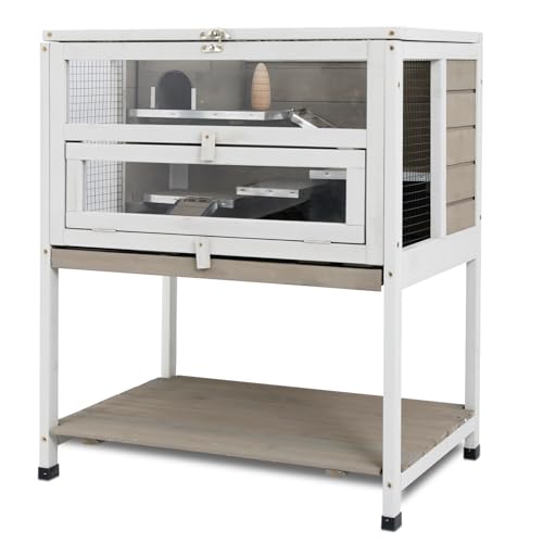 Guinea Pig Cages Hamster Cage Indoor with Stand Storage Wooden Outdoor Small Animals Habitat with Hideout House Pull Out Tray (25.6"L x 17.5"W x 30.0"H)