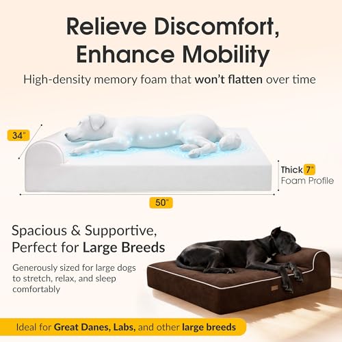 Orthopedic Memory Foam Dog Bed 7" Inch Thick Extra Large Dog Bed With Pillow Brown 50"x34"x10" Includes Waterproof Liner & Durable Removable Cover With Smart Design (Brown / XL - 50"x34"x10")