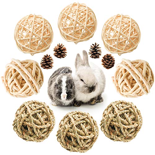 8 Pcs Small Animals Play Balls Rolling Activity Chew Toys Gnawing Treats for Rabbits Guinea Pigs Chinchilla Bunny Natural Balls (8 Pcs+ Pine cone)