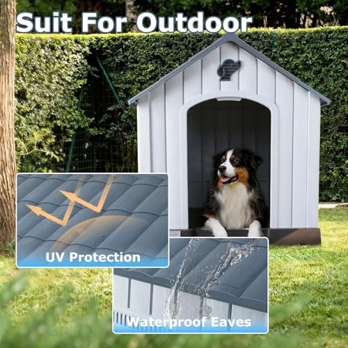 Durable Waterproof Plastic Dog House for Small to Medium Sized Dogs (Gray / 33.5"L x 31.5"W x 33.9"H)