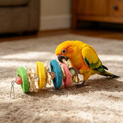 Pet Bird Parrot Swing Chewing Toy Natural Sepa Takraw with Happy Twist Colorful Bead Swing Bell (F)