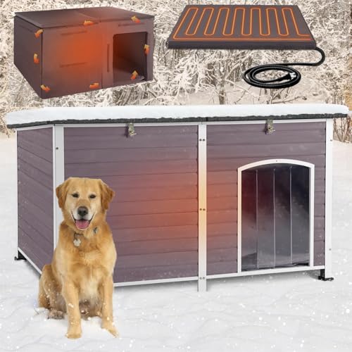 Heated Dog House Outdoor 59.1" Extra Large 100% Insulated Dog Kennel with Liner Keep Warm in Winter