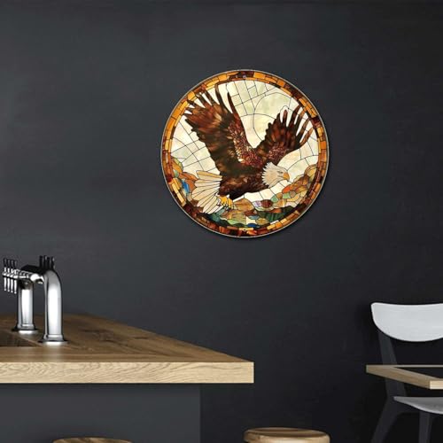 Metal Sign Tin Sign Circular Stained Glass Eagle Metal Garden Signs for Pet 8×8 Inches (8×8 Inches / Eagle-2)