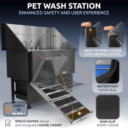 Professional Dog Washing Station 304 Stainless Steel Pet Wash Sink (Black, Left Ramp, 2 Drawer / 50 Inches)