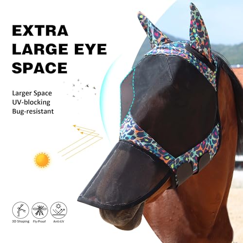 Pro LumiVista Horse Full Face Fly Mask Large Eye Space Long Nose with Ears UV Protection for Horse Iridescent Prints M (Iridescent Prints / M)